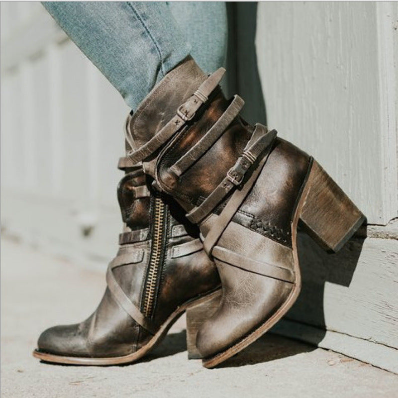 Womens Retro High-Heel Chunky-Heel Side Zipper Ankle Boots With Buckle Details