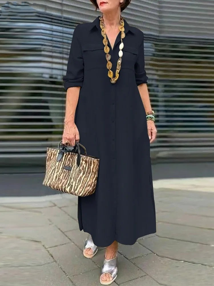 Elegant Solid Color Long Sleeve Button Lapel Dress