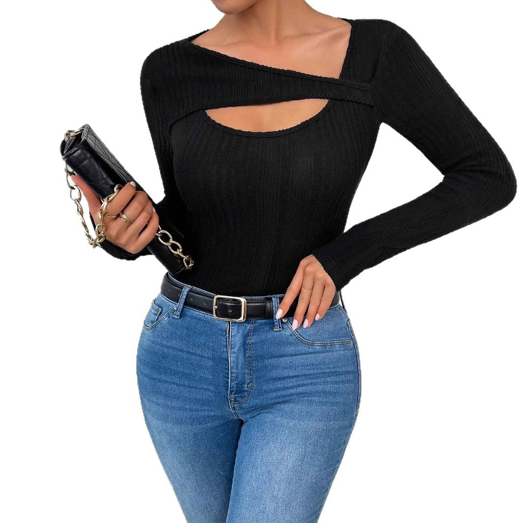 Womens Solid-Color Collar-Embellished Hollow-Out Long-Sleeve T-Shirt