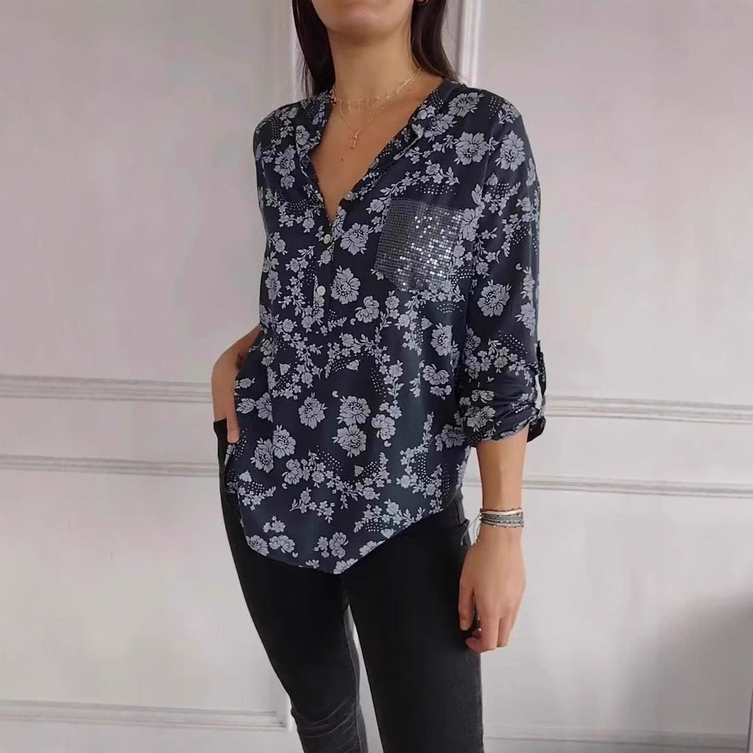 Summer New European And American Women's Fashion High-end Temperament Elegant Printed Shirt Top