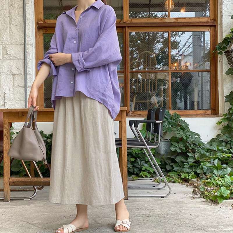 Cotton And Linen Shirt Purple Vintage Top