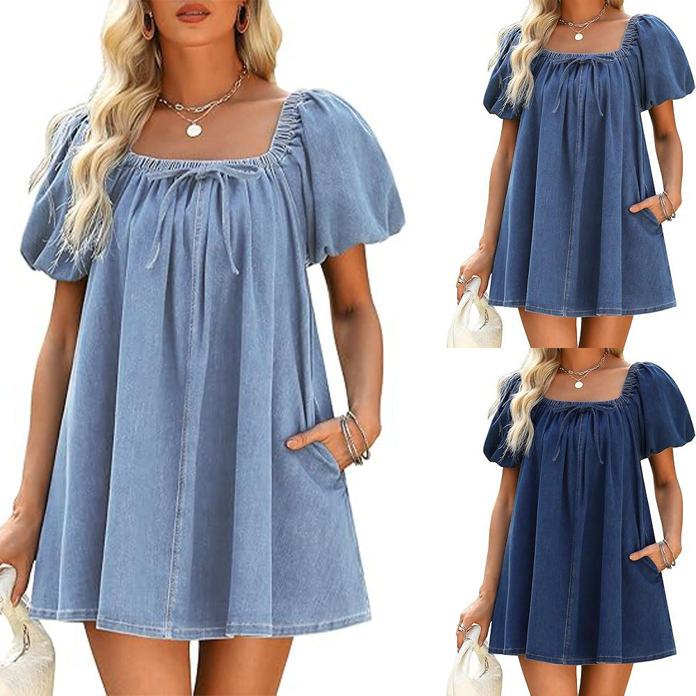 Square Collar Puff Sleeve Lace-up Elegant Denim Dress