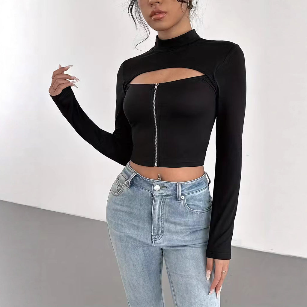 Elegant High-neck Zip-up Long-sleeve Stretch Top