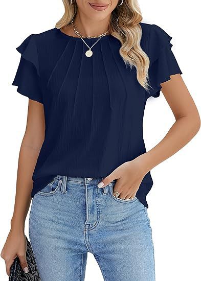 Hot Selling Women's Formal Casual Summer Pleated Short Sleeved Round Neck Top, Business Work Shirt