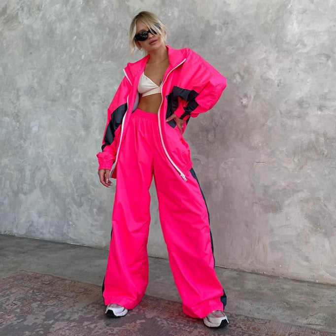 Casual Loose Color Matching Long Sleeve Zipper Cardigan Sports Suit