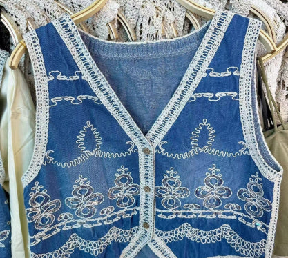 Heavy Industry Crochet Embroidery Denim Waistcoat Vest