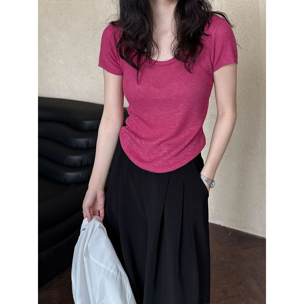 U-neck Shoulder Short Sleeved Women's Summer New Style Waist Cinching Slimming T-shirt