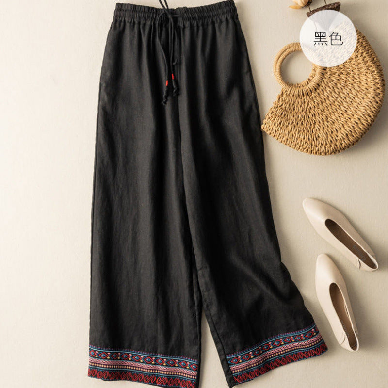 Draping Cotton And Linen Embroidered Wide-leg Pants
