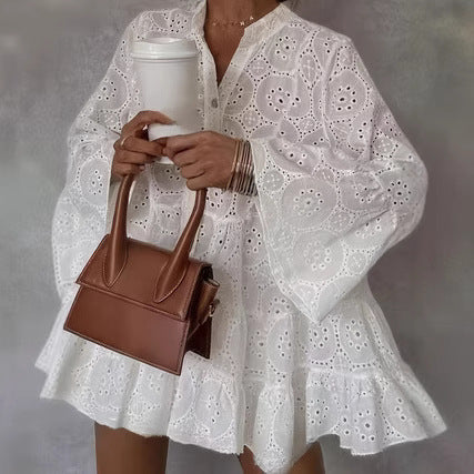 Loose V-Neck Hollow-Out Lace Floral Dress