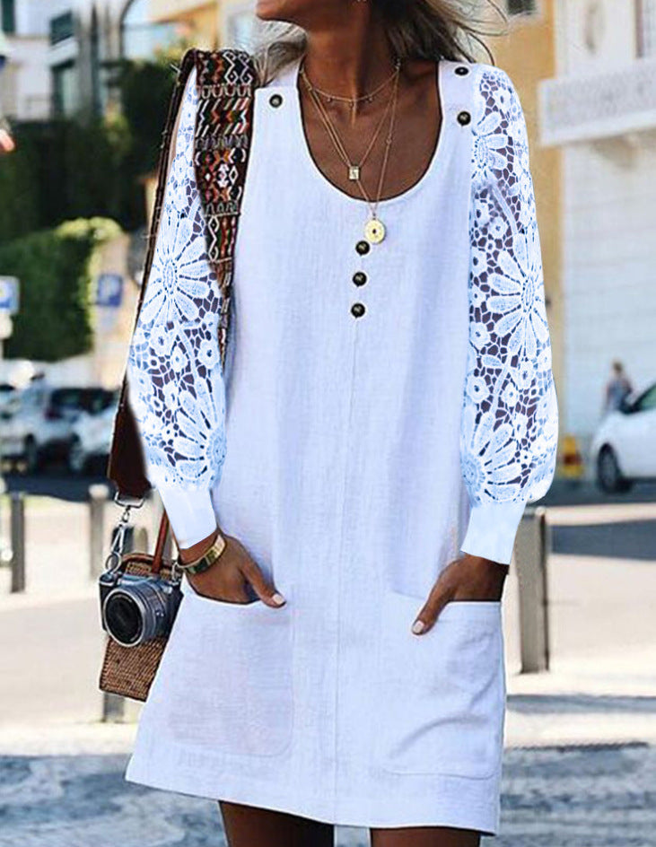 European And American Fashion Solid Color Hollow-out Long Sleeve U-neck Pocket Button Dress