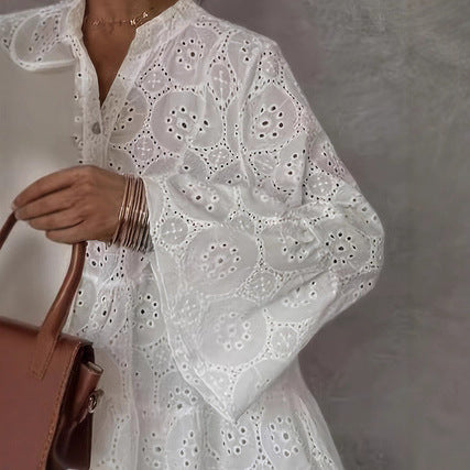 Loose V-Neck Hollow-Out Lace Floral Dress