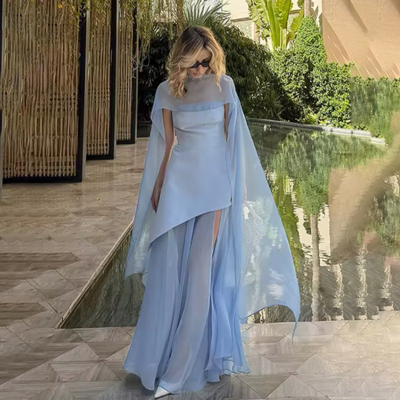 Solid-Color Strapless Dress With Fluttering Ties And A Slit