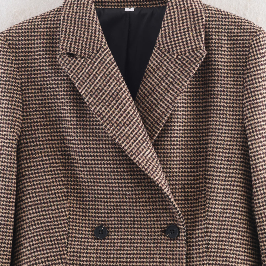 Womens Mid-Length Double-Breasted Houndstooth Blazer