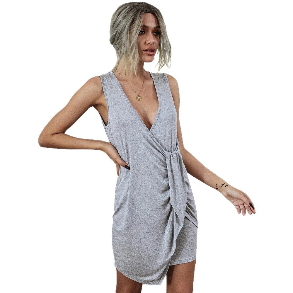 V-neck Sleeveless Asymmetric Ruched Fitted Knit Dress