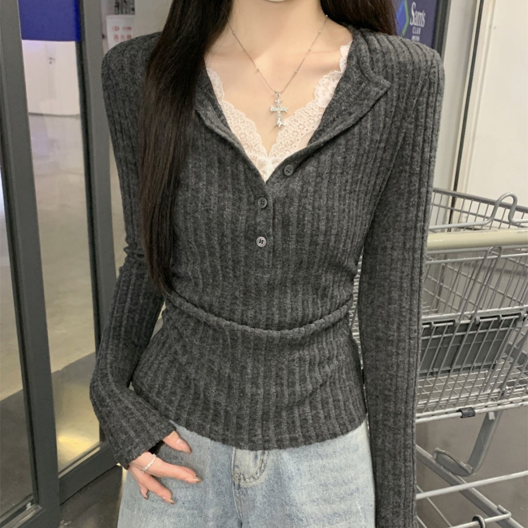 Button Half-open Collar Brushed Lace Patchwork Waist Pleated Top