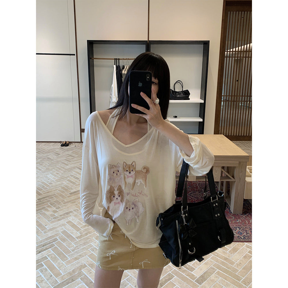 Summer Puppy Printed Two-piece Set Sun Protection T-shirt Halter Spaghetti Straps