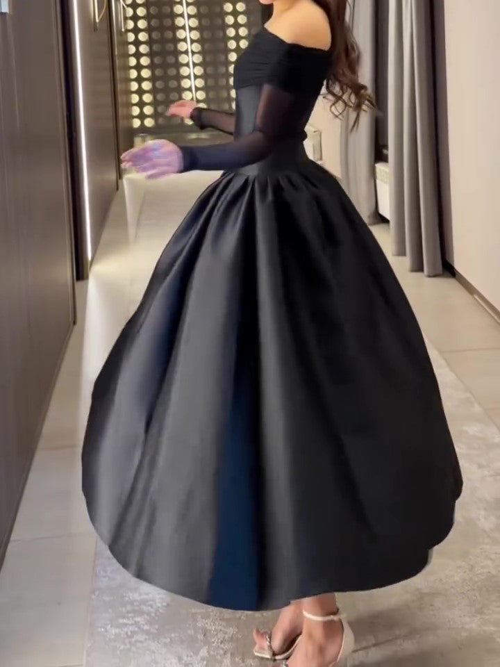 Black Off-Shoulder Mesh Long Sleeve Waist-Cinched Flared Midi Gown
