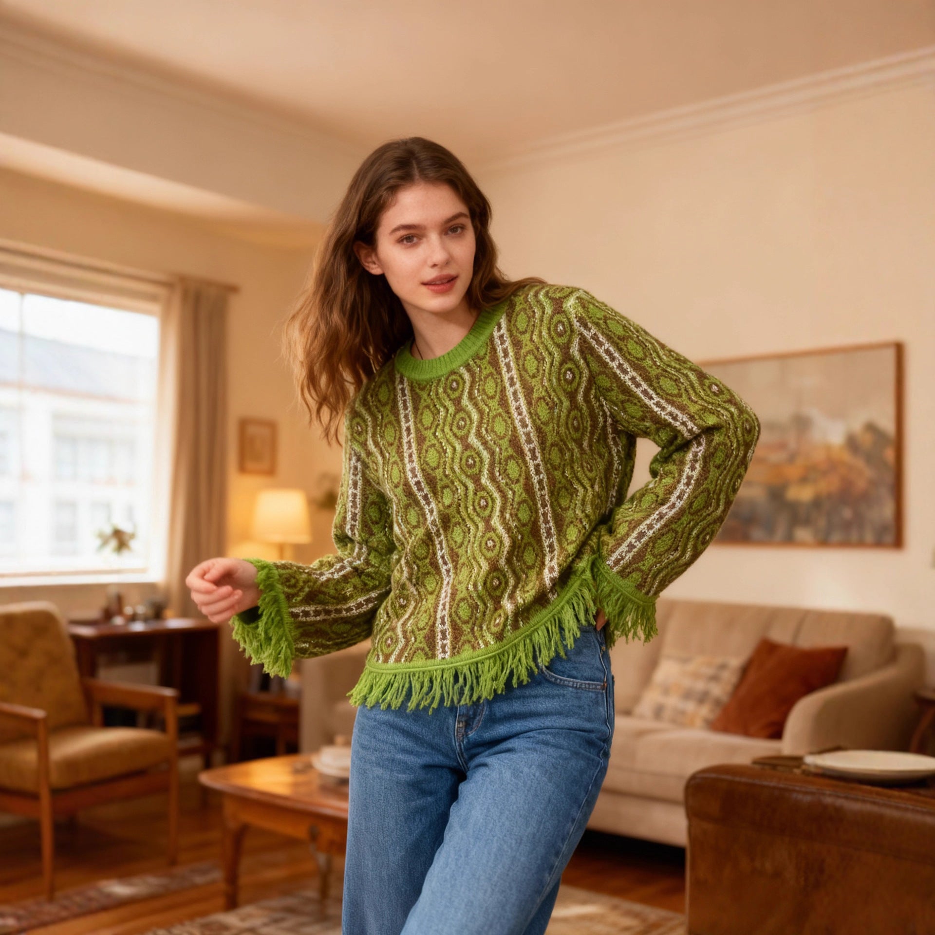 Contrast-color Jacquard Fringe Casual Round-neck Sweater