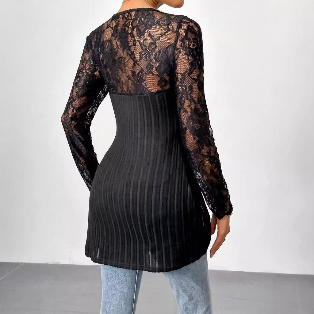 Simple Fashion Lace Stitching Long Sleeve Irregular Hem T-shirt