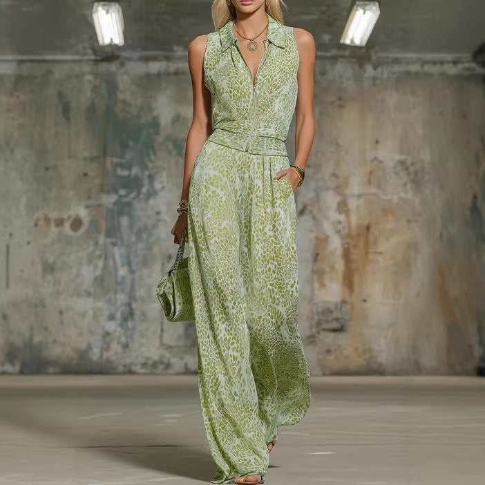Printed Zip-up Sleeveless Jumpsuit
