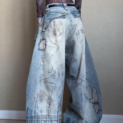Plus Size Street Men's Random Needle Embroidery Stain Jeans