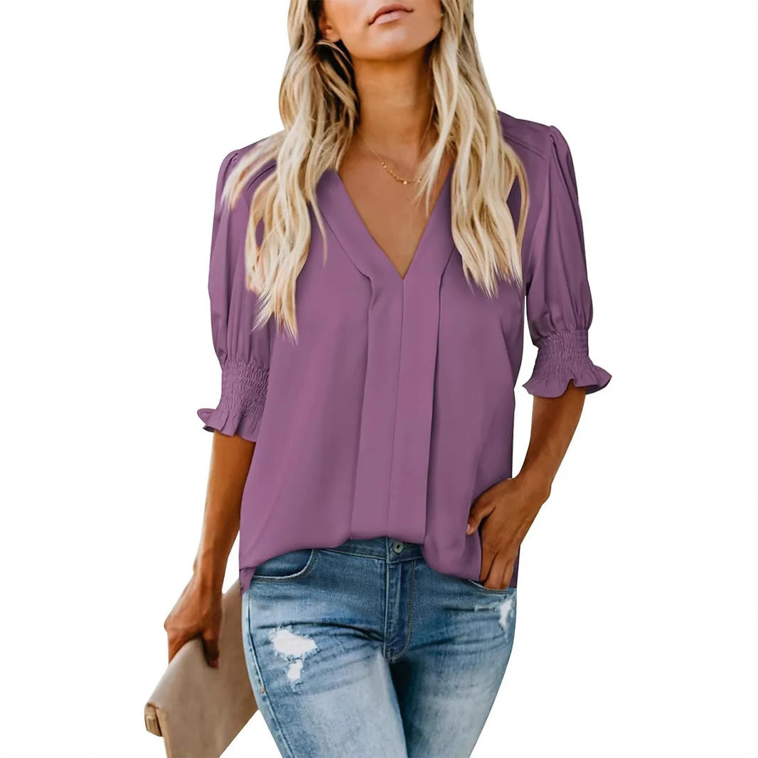 V-neck Short Sleeve Loose Comfortable Fashion Summer Solid Color Small Shirt European And American Style
