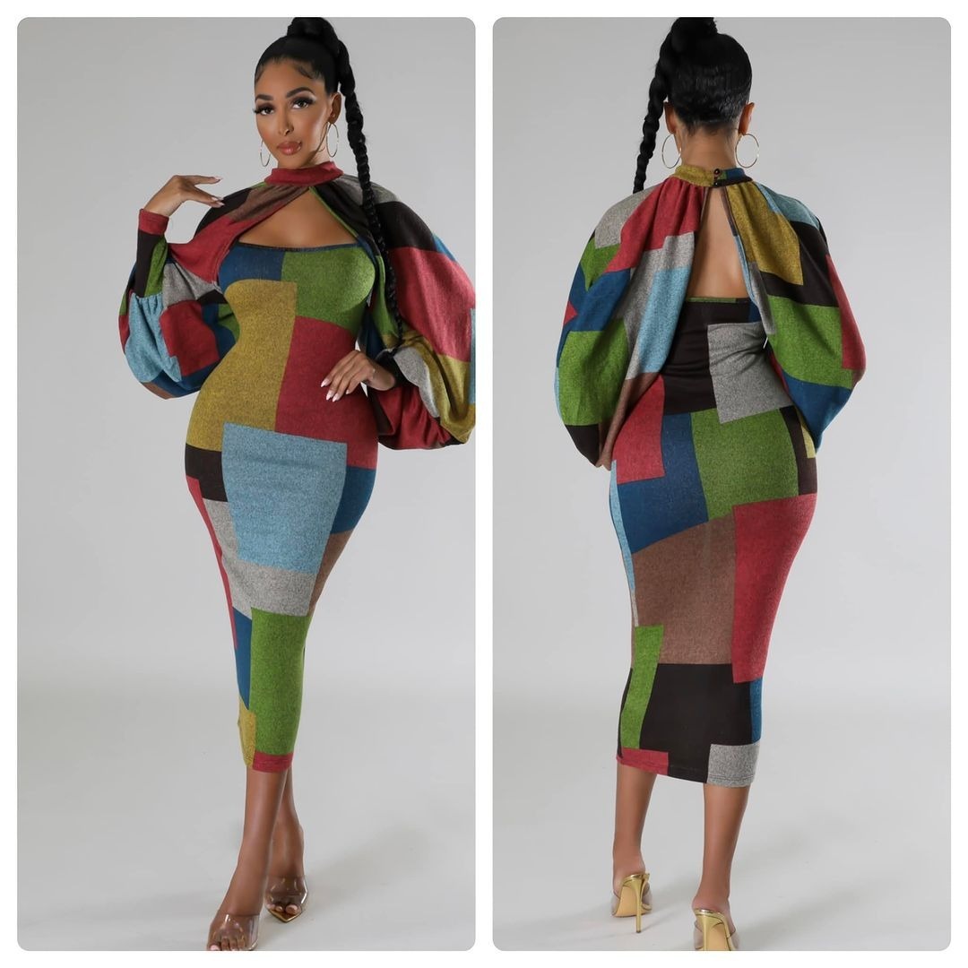 New Fashion Stitching Printing Color Contrast Long Sleeve Plus Size Dress