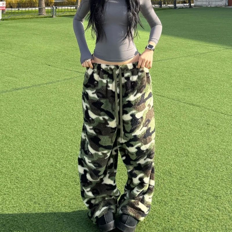 American-style Camo Jacquard Retro Autumnwinter Lambswool Thermal Loose Wide-leg Casual Pants