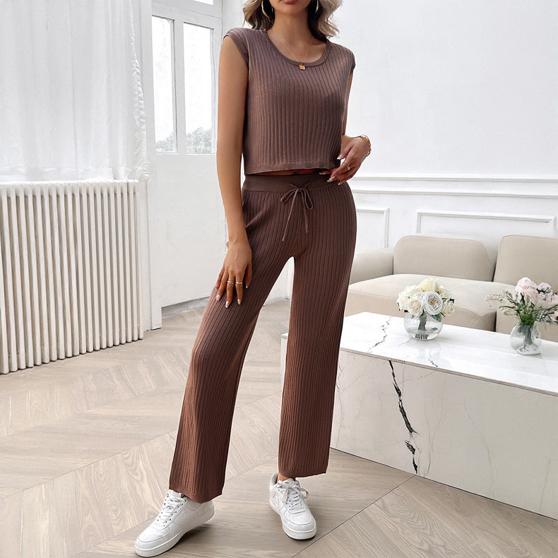 Casual Slim-fit Solid Color Woolen Sleeveless Bm Top Cropped Pants Set