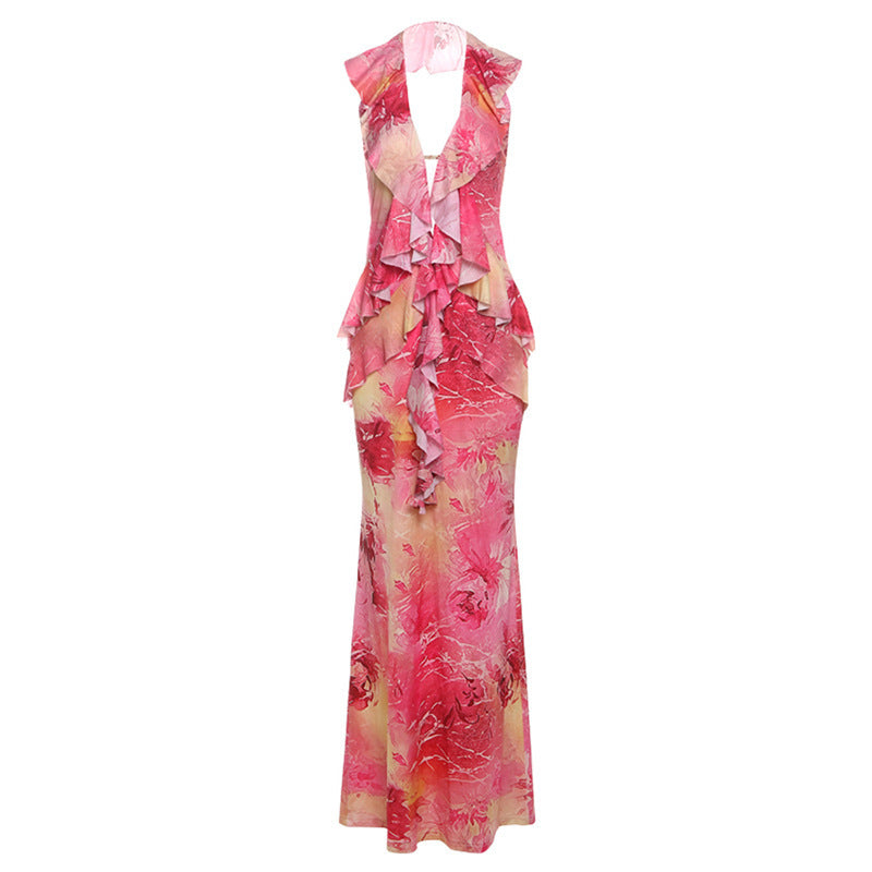 Women's Sexy Printing Color Contrast Backless Sheath Dress