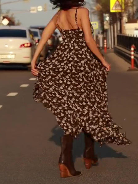 Floral - Print Spaghetti - Strap Dress