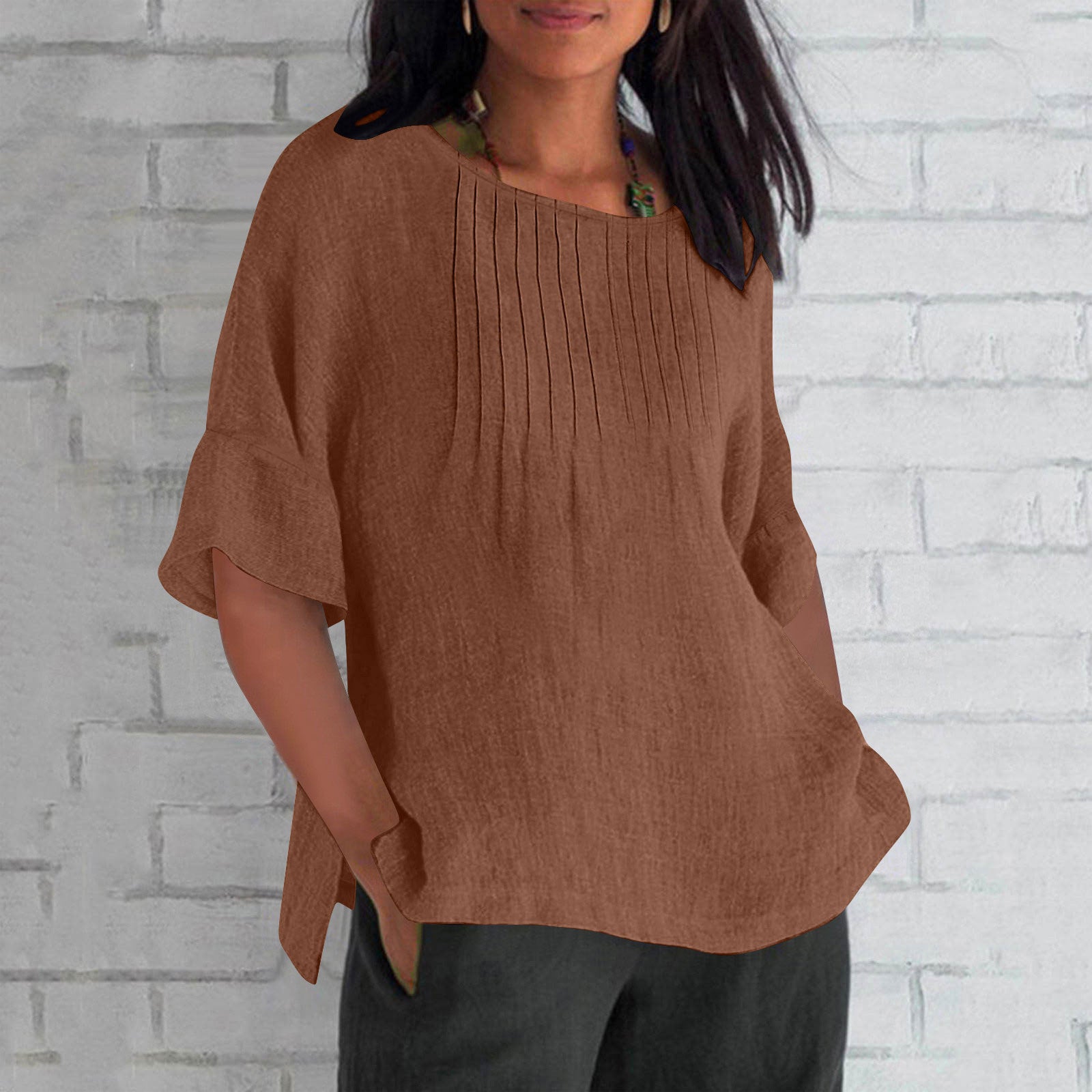 Three-quarter Sleeve Pleated Round Neck Cotton And Linen Shirt Top