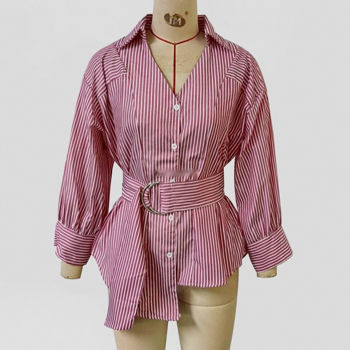Design Sense Niche Metal Buckle Waist Striped Long Sleeve Shirt