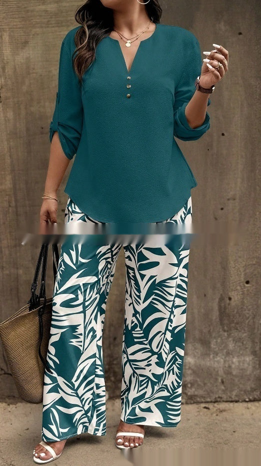 Ladies V-neck Shirt Tropical Plants Printed Pants Suit