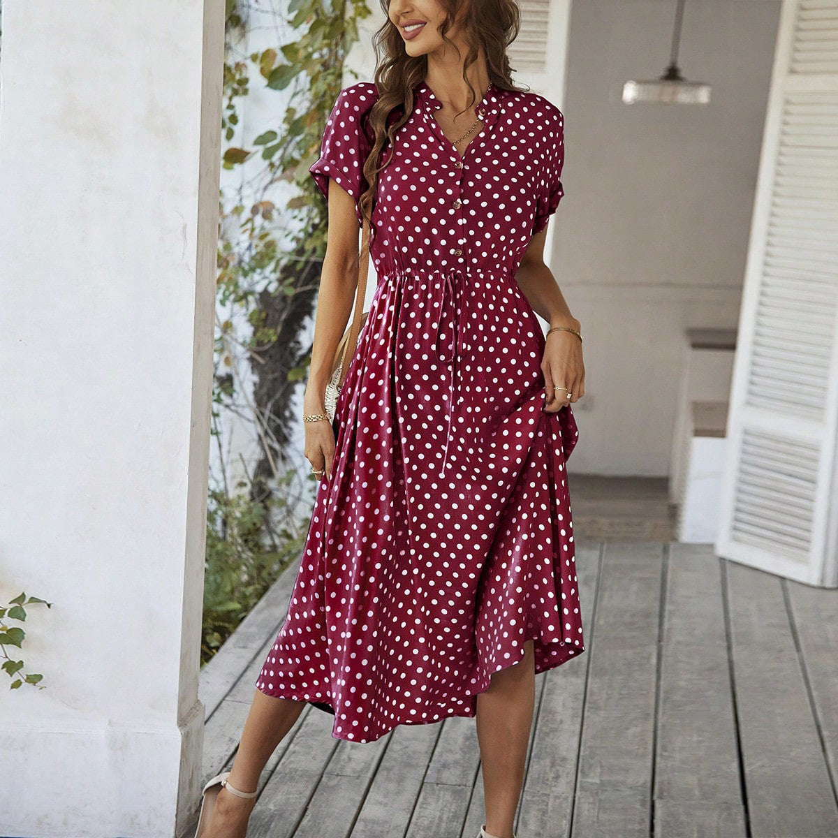 Temperament Leisure Vacation Style Polka Dot Print High Waist Lace-up Dress