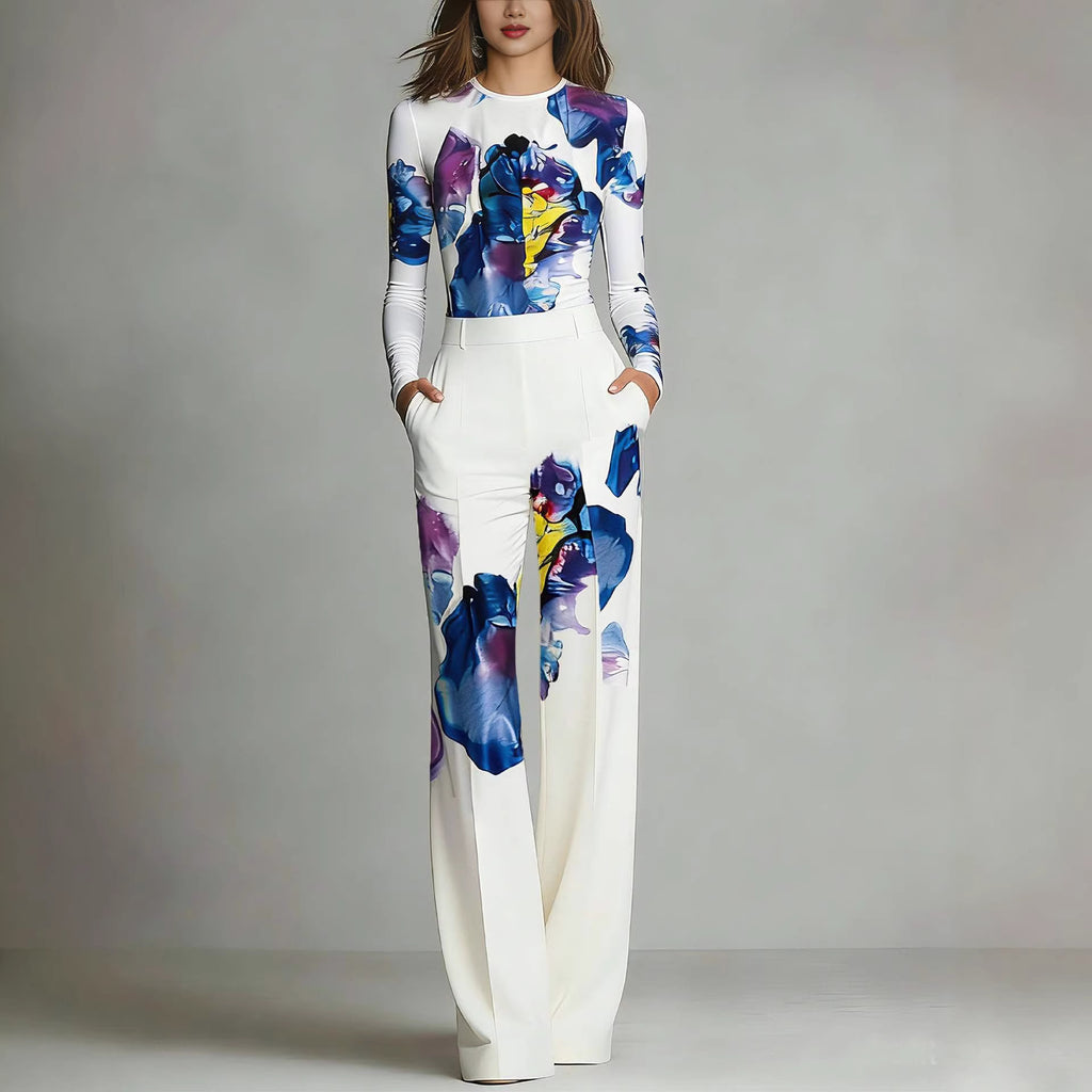 Womens Comfortable Form-Fitting Top Wide-Leg Printed Pants Set
