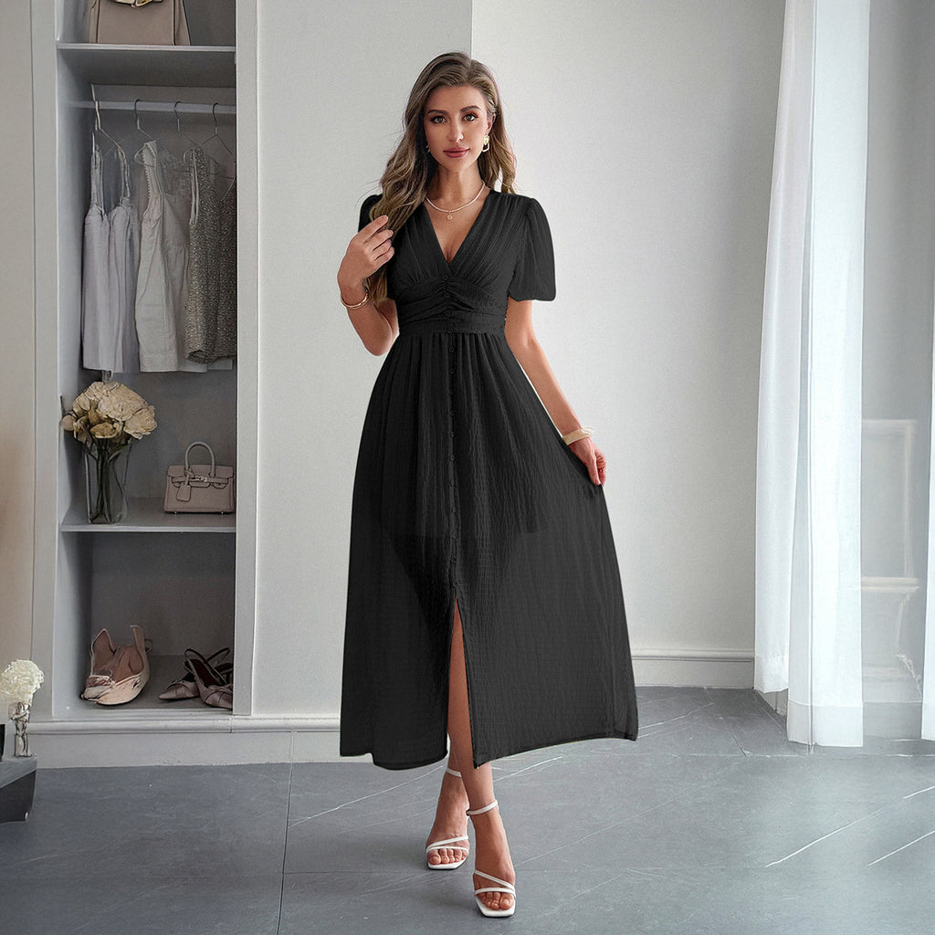 Elegant Vacation Style Deep V Short Sleeve Maxi Dress