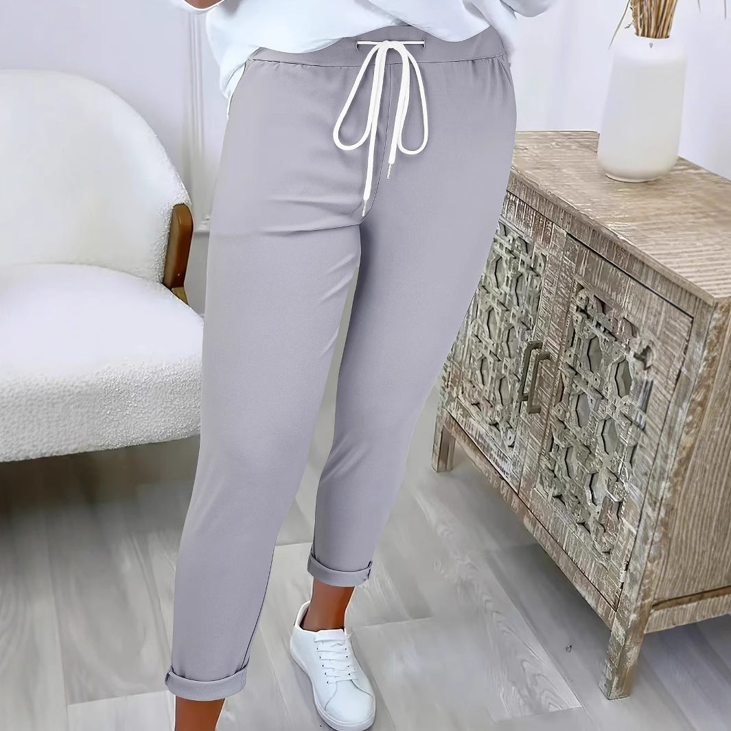 Women's Fashion Belt Lace Up Casual Trousers
