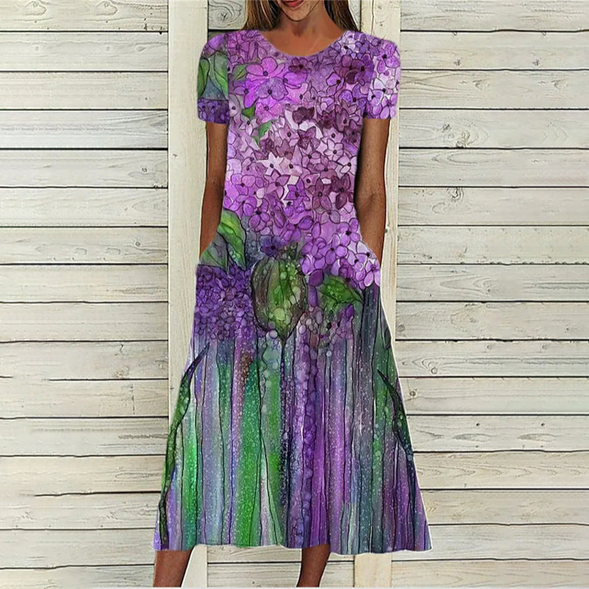 Floral Print Round Neck Short Sleeve Pocket Dress