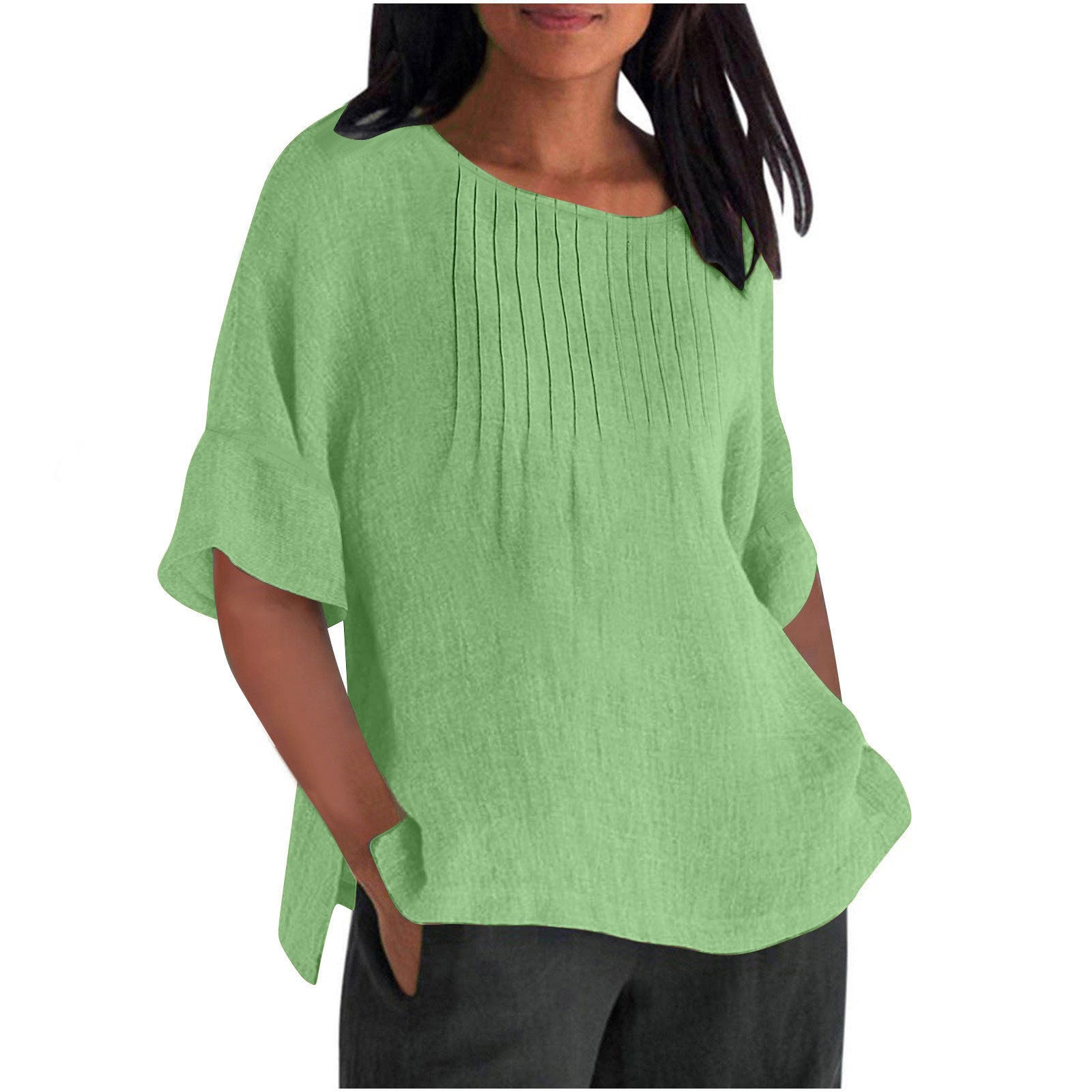 Three-quarter Sleeve Pleated Round Neck Cotton And Linen Shirt Top