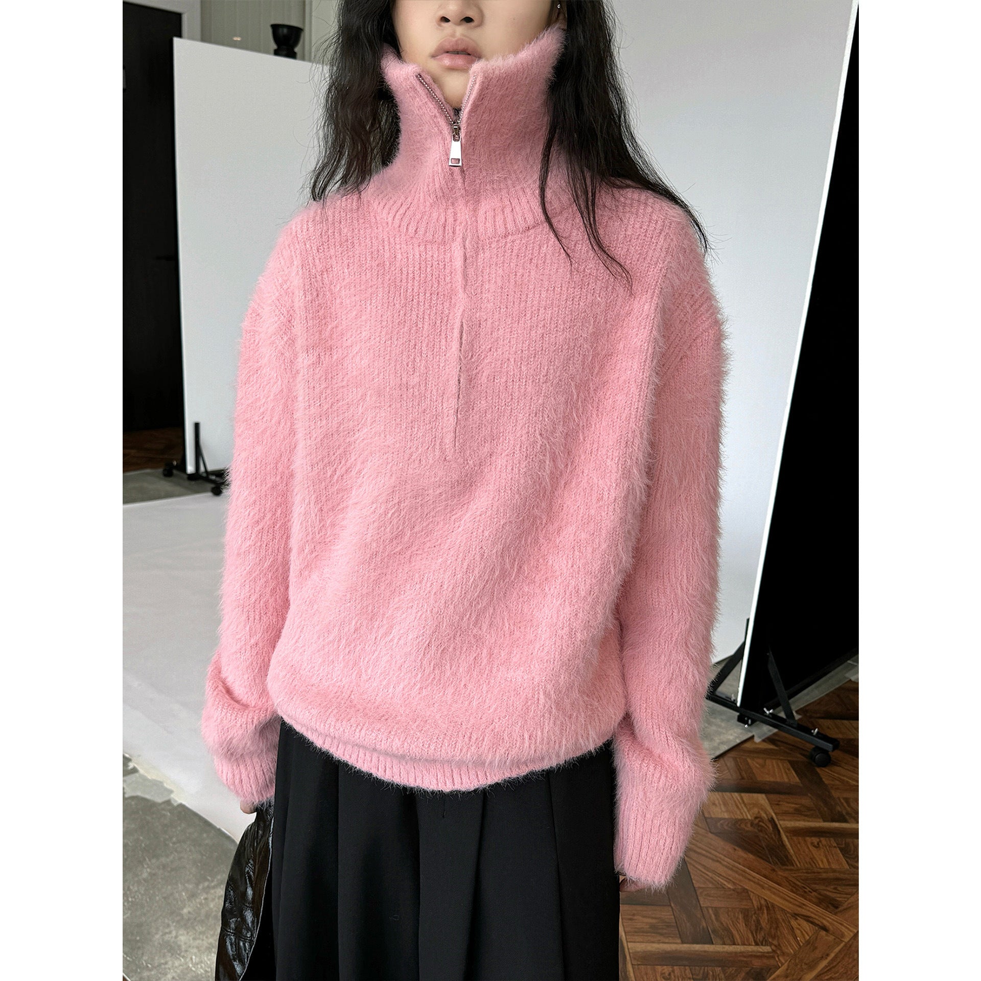 Korean-style Relaxed Faux Mink High-neck Sweater Top