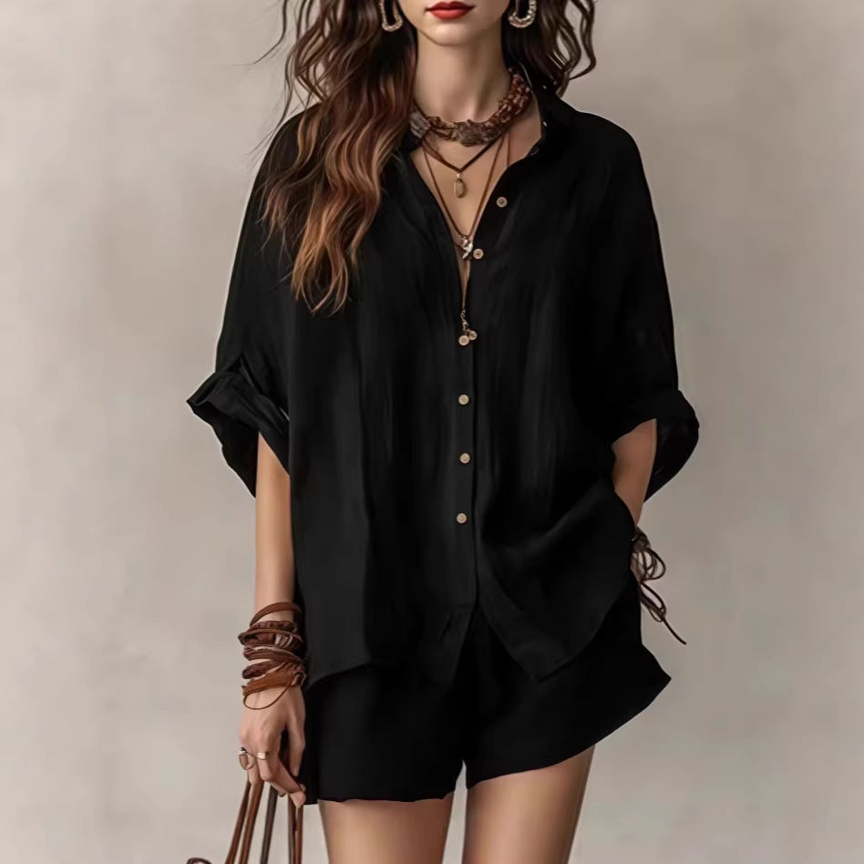 Womens Casual Two-Piece Set Shirt Shorts