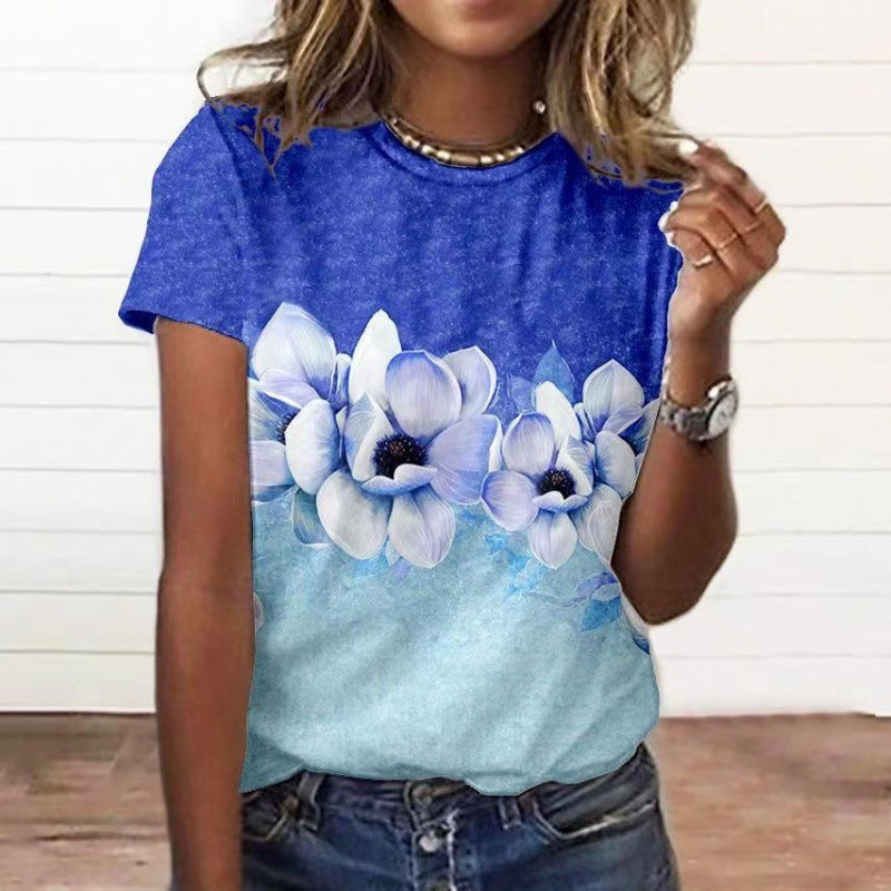 Artificial Cotton 3D Sunflower Print Round Neck T-shirt