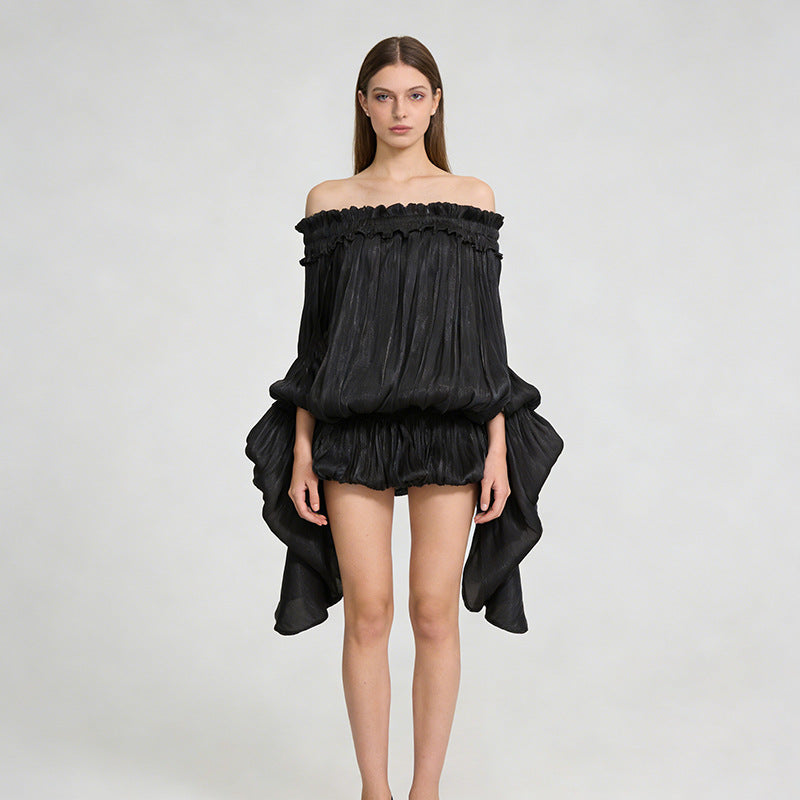 Elegant Off-the-shoulder Short Skirt With Fluttering Straps