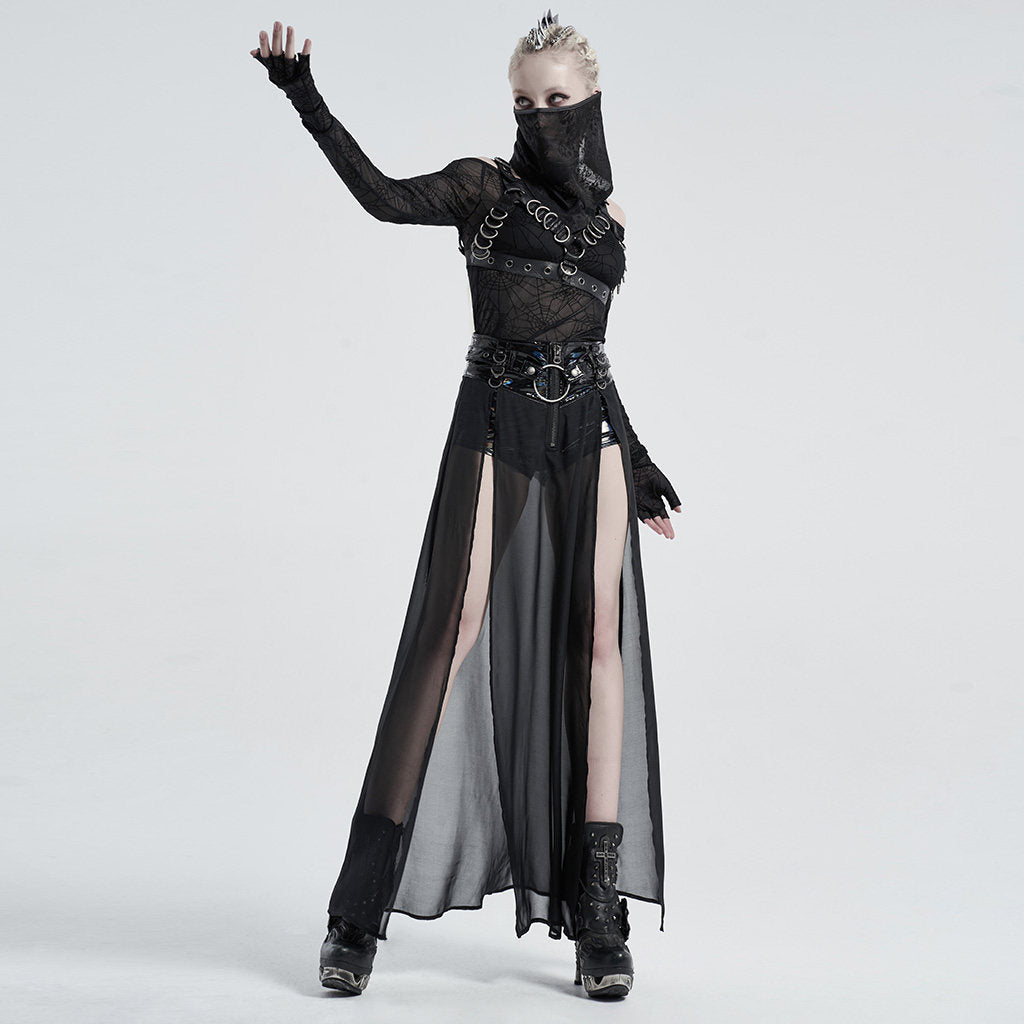 Punk-style Black Mesh Patchwork Faux Two-piece Skirt