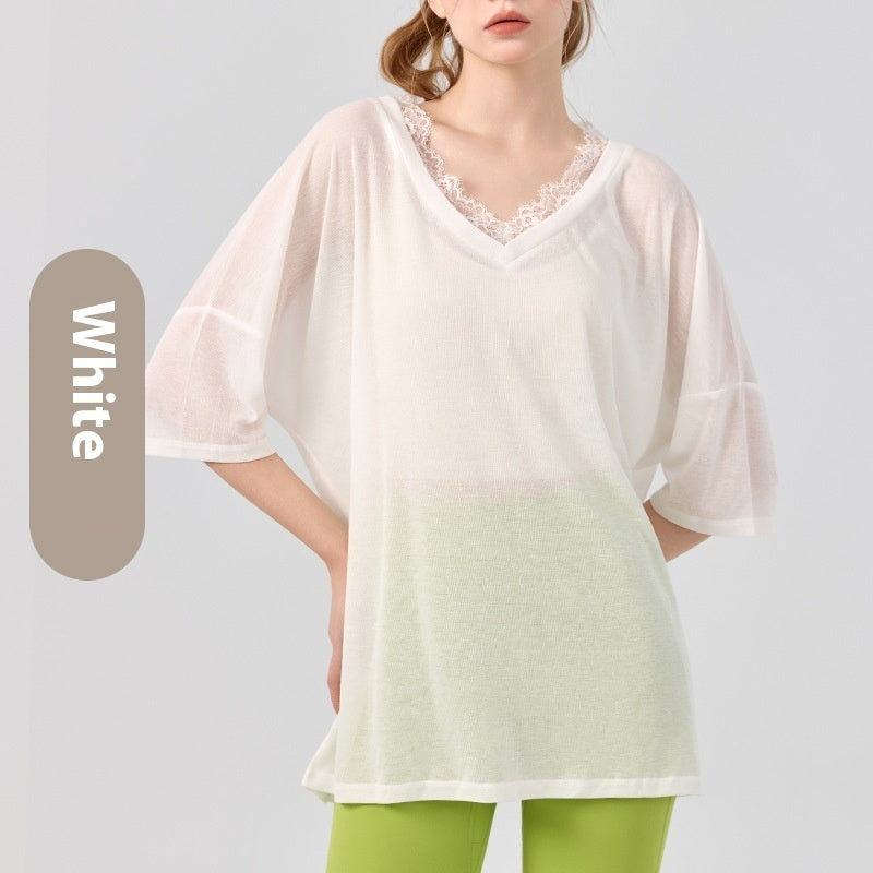 Pilates Yoga Clothes V-neck Lace Solid Color Short Sleeve Blouse