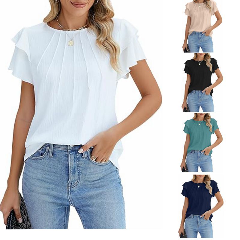 Hot Selling Women's Formal Casual Summer Pleated Short Sleeved Round Neck Top, Business Work Shirt