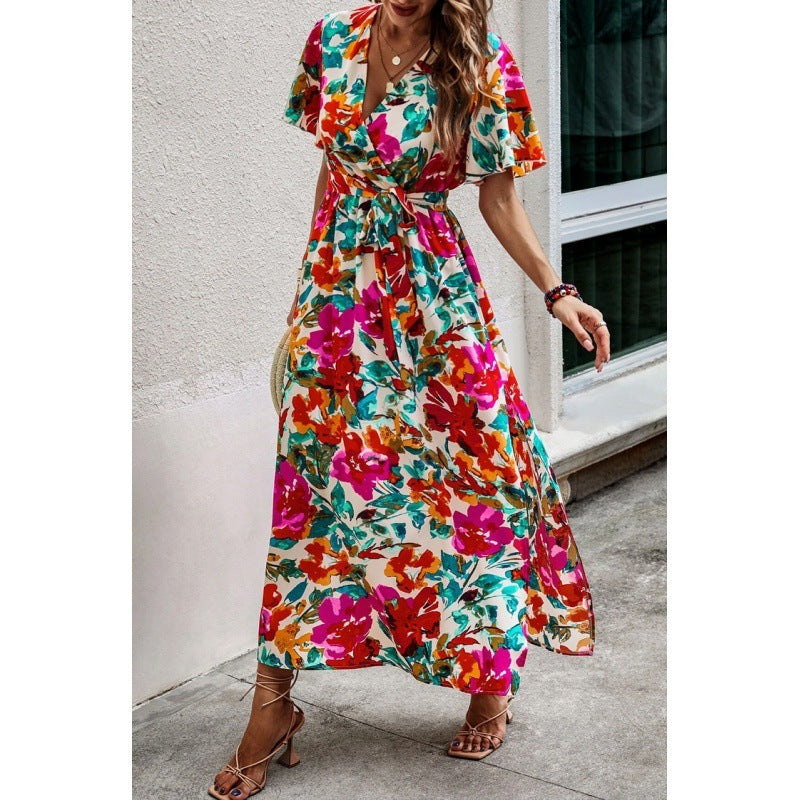 Summer Women's Printed Short Sleeve Dress V-neck Waist-slimming Long Dress
