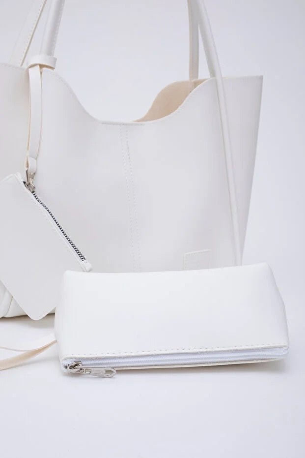White SHK108 Faux Leather Women Hand And Shoulder Bag With Wallet And Makeup Bag