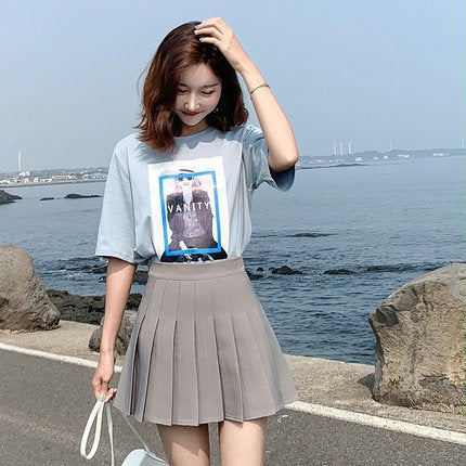 High-waisted A-line Skirt For Petite Women Gray And White Pleated Skirt